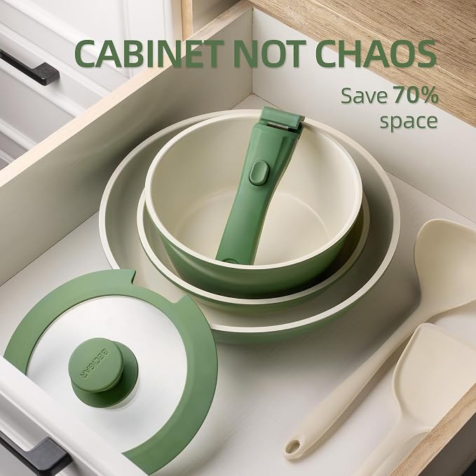 BECIGAR 8PCS Ceramic Cookware, Nonstick Ceramic Pan, Removable Handle Pots and - Image 3