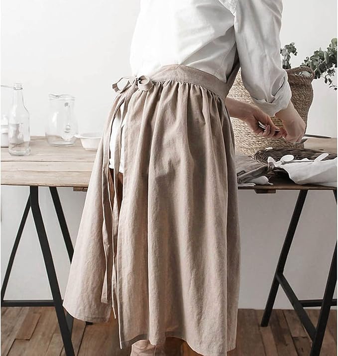 Cotton Linen Half Apron for Women Vintage Waist Apron Ruffle Plain Bright Color - Image 4