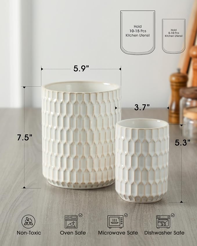 Utensil Holder, 7.5"+5.3" Ceramic Kitchen Utensil Holder - Image 2