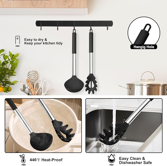 TeamFar Silicone Pasta Fork and Ladle Spoon Set, Serving Soup, Healthy & - Image 6