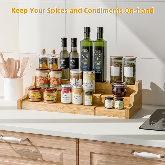 Simple Trending Spice Rack Kitchen Cabinet Organizer, 3 Tier Bamboo Expandable - Image 2