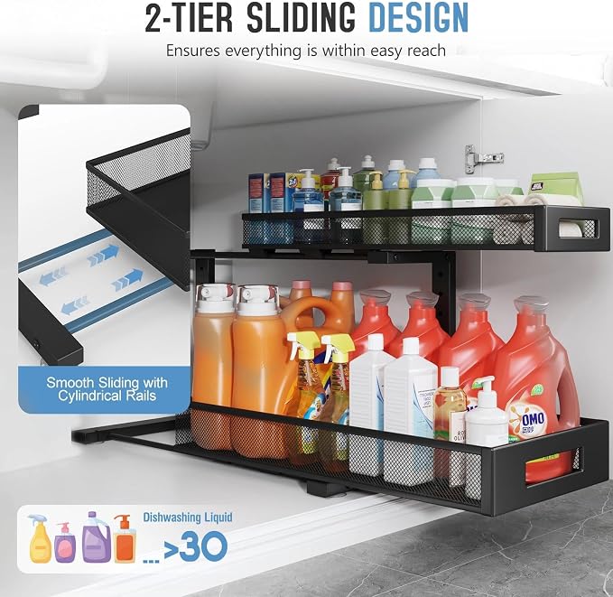 2 Pack 20.47IN Depth Under Sink Storage Organizer, Large 2-Tier Elegant Mesh - Image 4