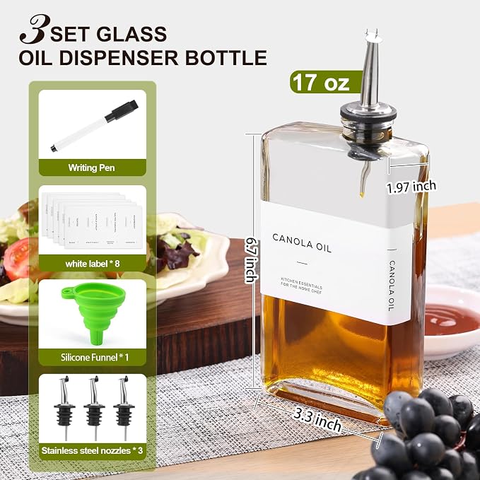 Olive Oil Dispenser Bottle for Kitchen, 3 Pack Glass Oil and Vinegar Dispenser - Image 2