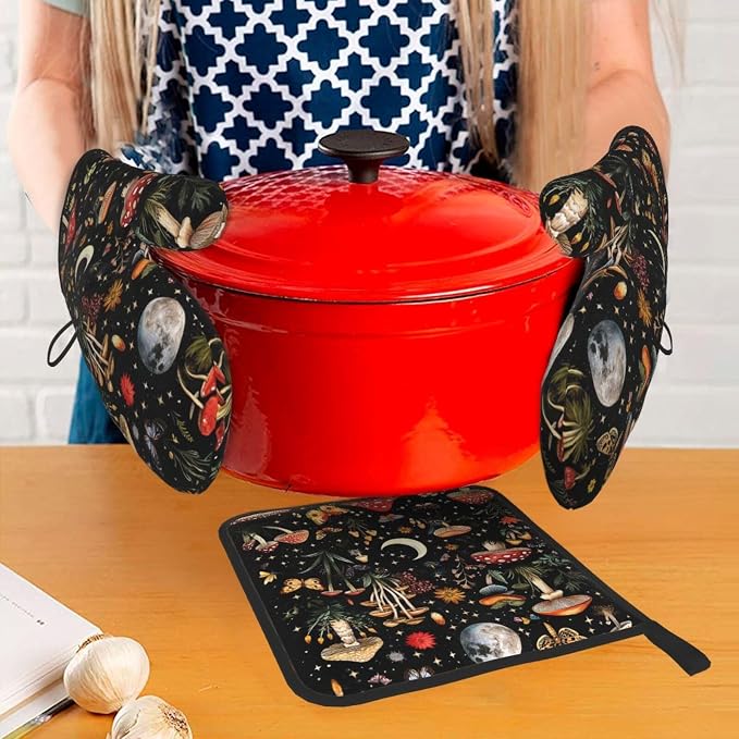 Cute Mushroom Oven Mitts and Pot Holders Sets of 3, Heat Resistant Black Hot - Image 2