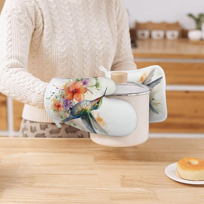 Oven Mitts and Pot Holders Watercolor Hummingbird Flower Silicone Kitchen - Image 7