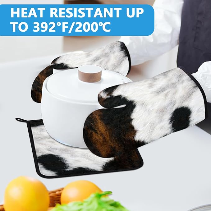 Brown Cowhide Oven Mitts and Pot Holders Sets Heat Resistant 4Pcs Potholders - Image 5
