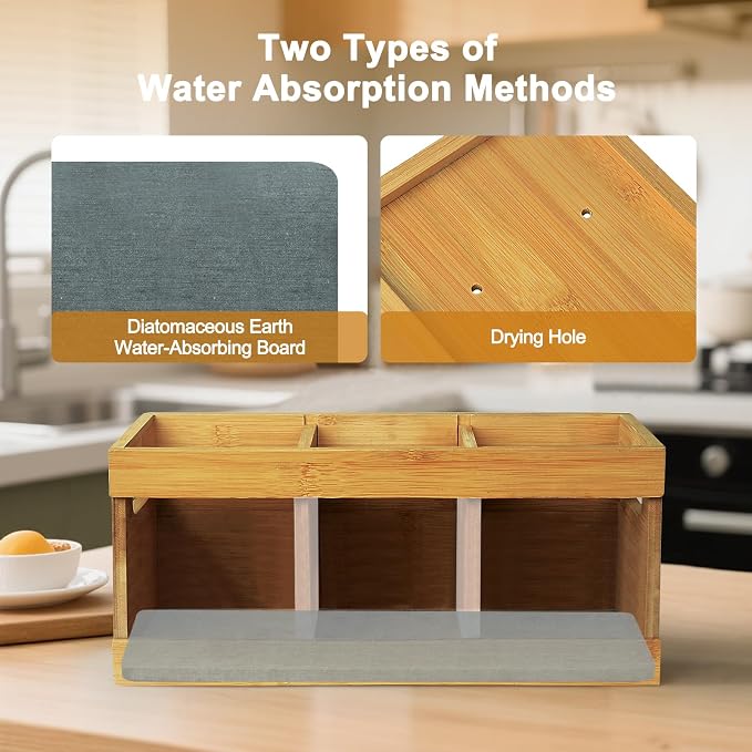 Kitchen Utensil Holder for Counter Extra Large Bamboo Wooden Utensil Organizer - Image 3