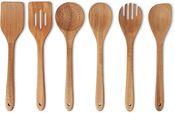 Amazon Basics Wooden Cooking Utensils, 6-Piece Set, Acacia Wood, Pre Oiled by AmazonBasics