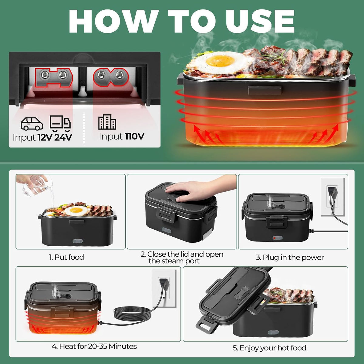 Electric Lunch Box for Adults 100W 1.8L Portable Heated Lunch Box