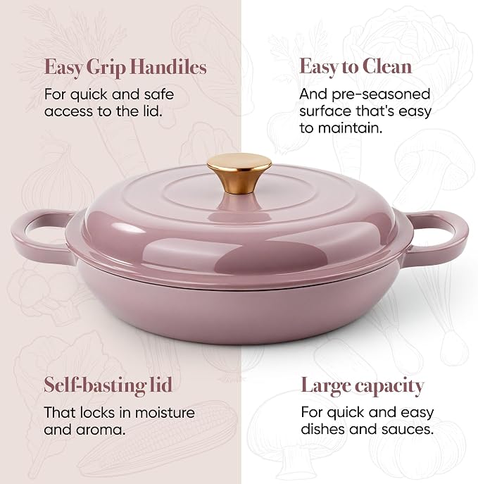 Vintage Style 3 Quart Enameled Cast Iron Braiser, Non Stick Enameled Cast Iron - Image 7