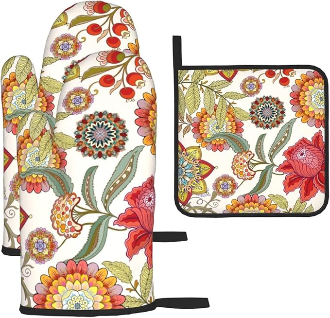 Boho Floral Oven Mitts and Pot Holders Sets of 3 Heat Resistant Hot Pads by Unknown