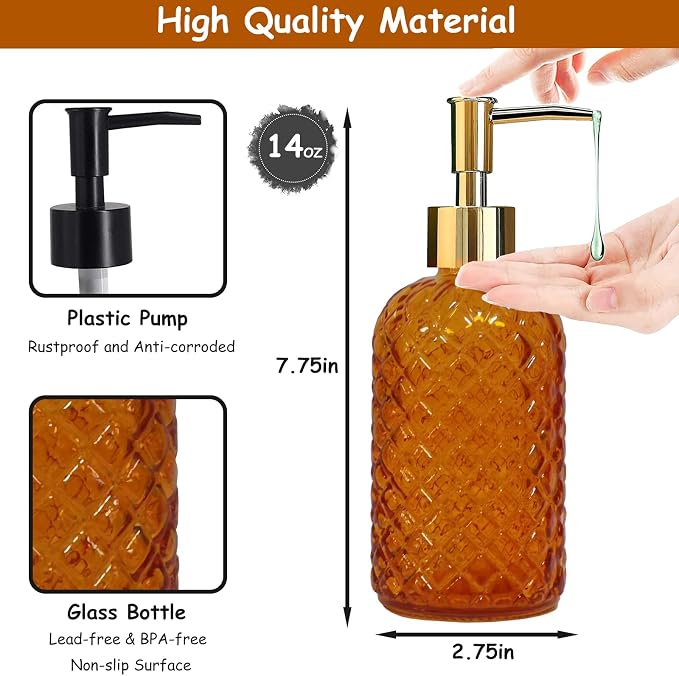 Glass Soap Dispenser with Gold Plastic Pump, 13.5oz Refillable Liquid Hand Soap - Image 2