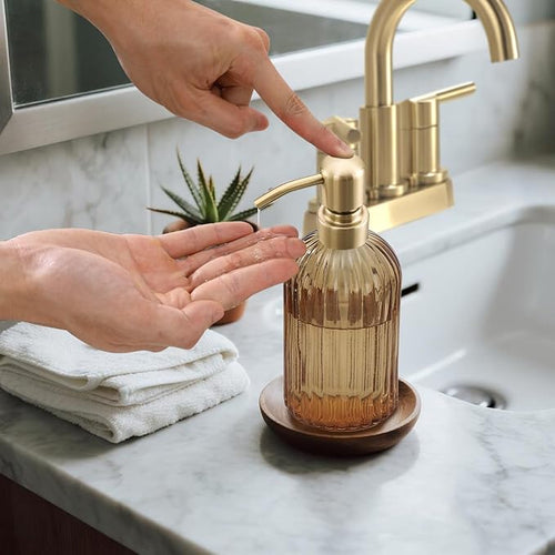 16 OZ Amber Glass Soap Dispenser, Amber Stripe Bathroom Hand Soap Dispensers - Image 2