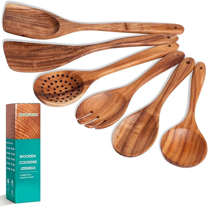 HOWHONG Wooden Spoons for Cooking, Teak Wood Kitchen Utensil Set, Premium by HOWHONG