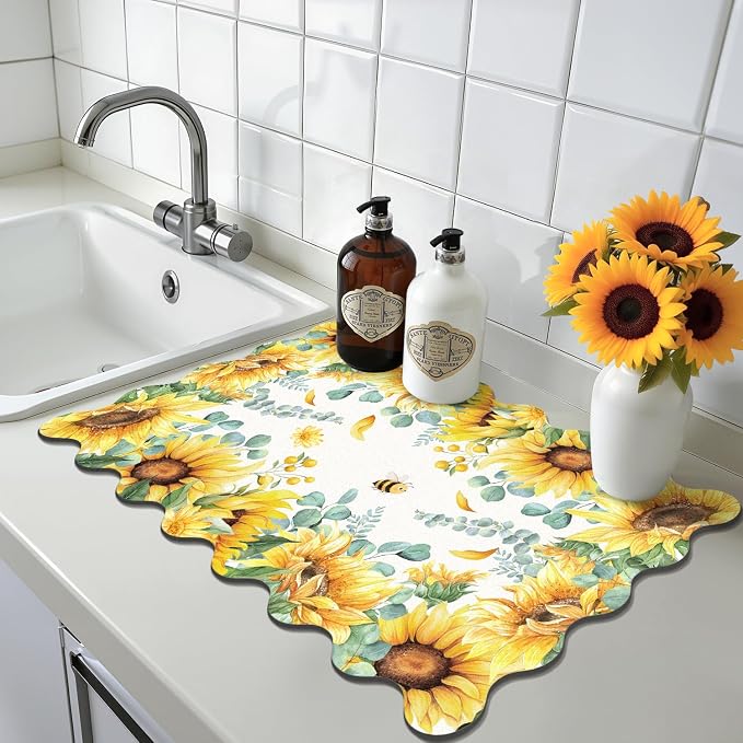LOKHOM Scalloped Floral Dish Drying Mat, Cuttable Hide Stain Non-slip Drying Mat - Image 9