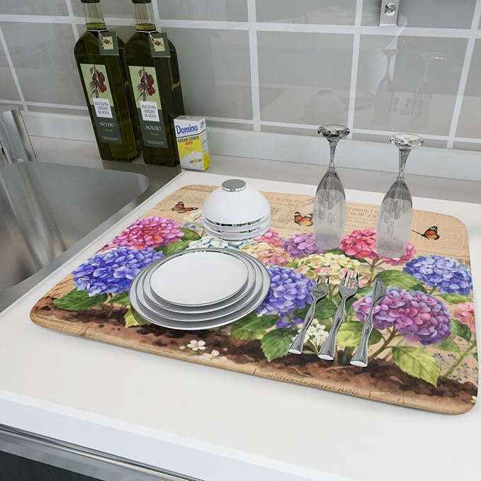 Vintage Flowers Dish Drying Mat Large 24 X18 Hydrangea Microfiber Drying Matt - Image 6
