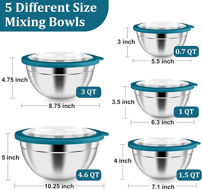 P&P CHEF Mixing Bowls with Visible Airtight Lids Set of 5, 10-Piece Stainless - Image 2