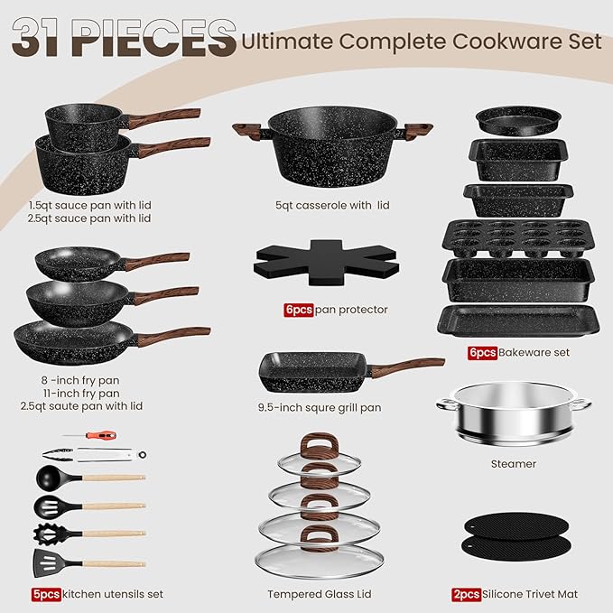 Pots and Pans Set Non Stick, 31 Piece Kitchen Induction Cookware & Bakeware Set - Image 2