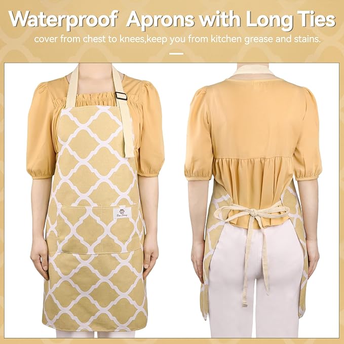 2 Pieces Aprons for Women with Pockets, Cotton Linen Waterproof Kitchen Cooking - Image 6