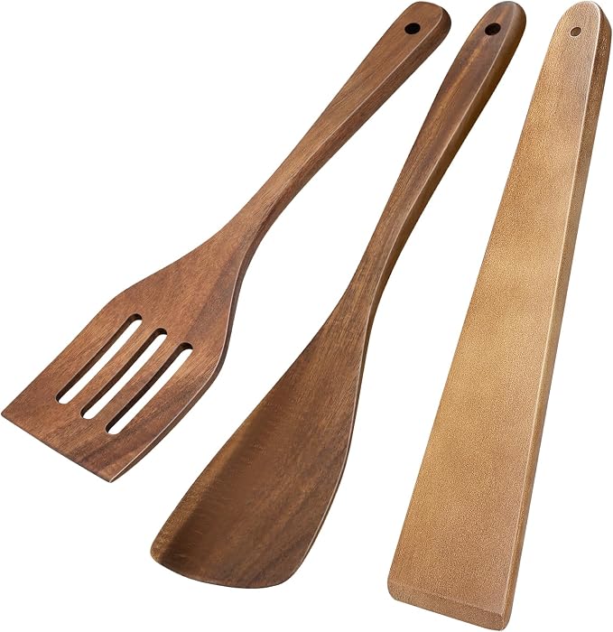 3Pcs Wooden Spatulas, Acacia Wood 12inch Long Handle Flat Frying Turner by Morgles