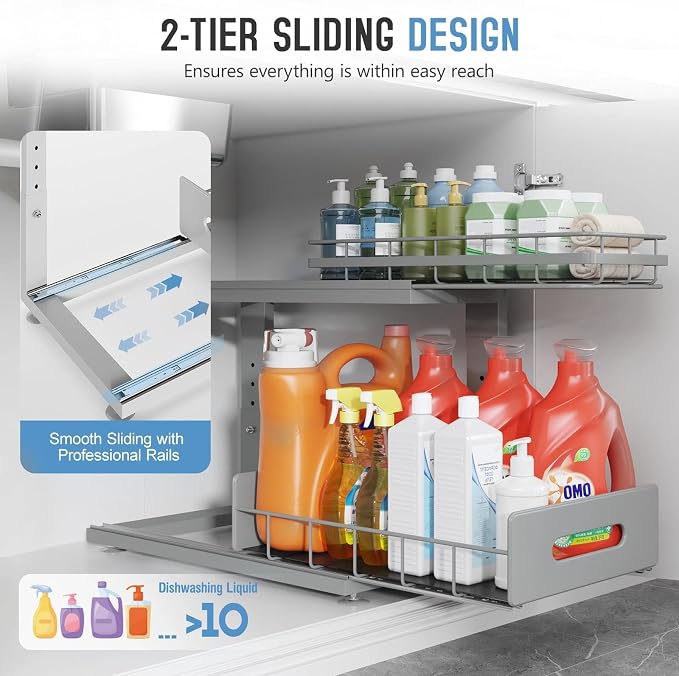 Under Sink Organizer Upgrade To Professional Rails, 2-Tier Dual Pull Out - Image 5