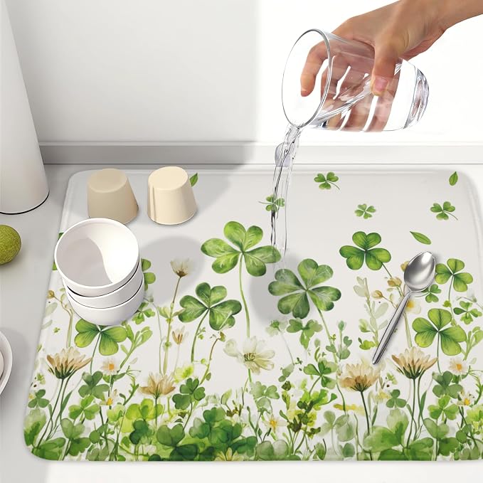 St Patrick's Day Dish Drying Mat 18 x 24 Inch Green Clover Dish Drainer Rack - Image 6