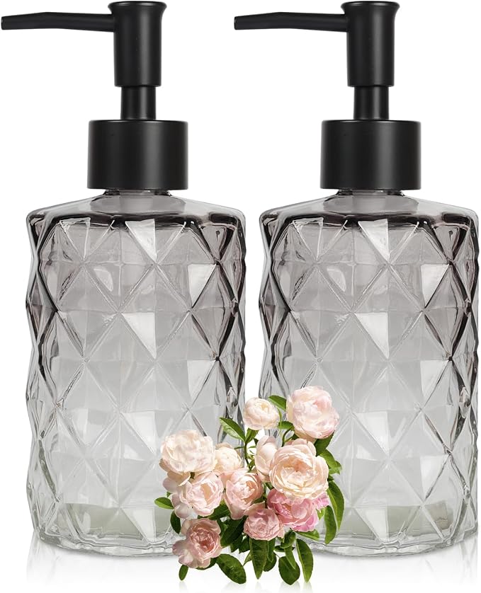 Glass Soap Dispenser with Plastic Pump, 2 Pack 12oz Gradient Diamond Design by Ulable