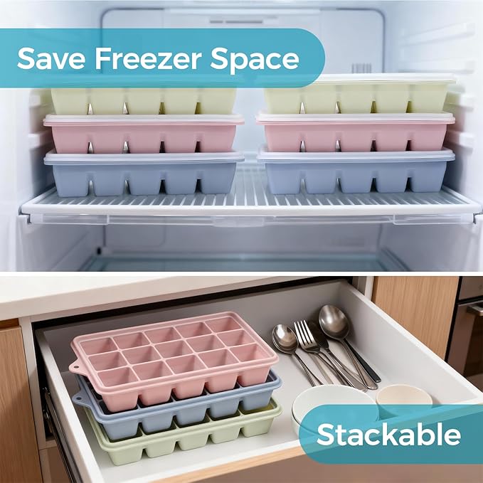 Silicone Ice Cube Trays with Lids 3-Pack, 15-Cavity Ice Tray Set - Image 6