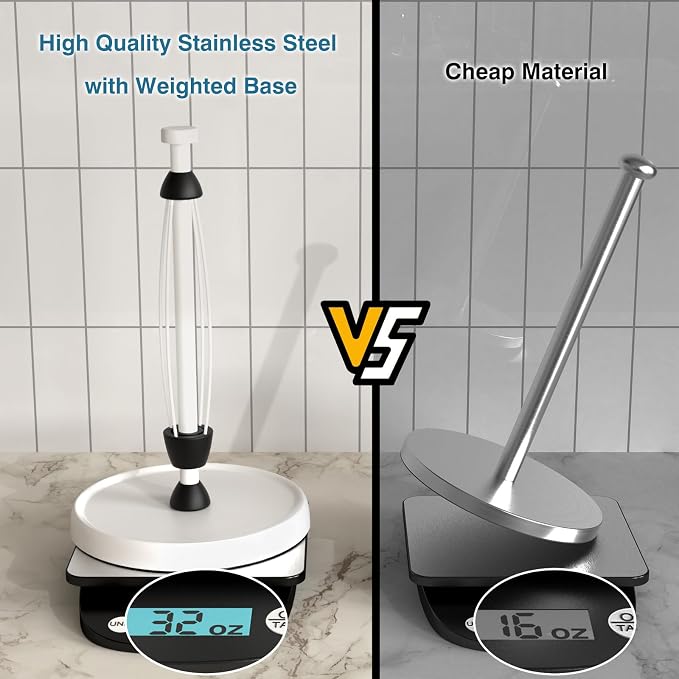 White Paper Towel Holder Countertop, Stainless Steel, Weighted Base, Paper - Image 5