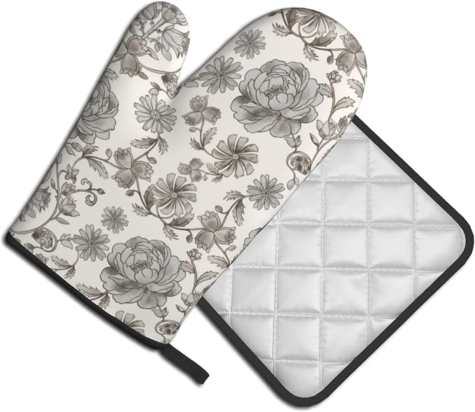 Vintage Flowers Oven Mitts and Pot Holders Sets Boho Kitchen Gloves White Grey - Image 2