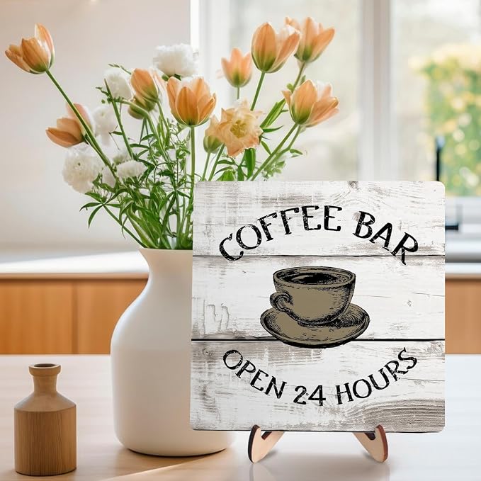 Coffee Bar Sign Plaque, Vintage Farmhouse Coffee Station Decor – 24 Hours Open - Image 3