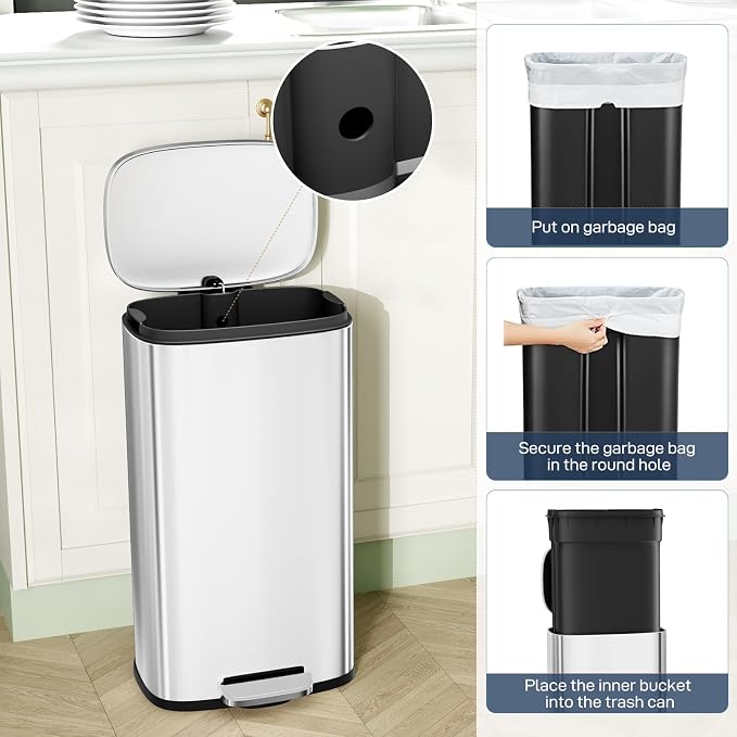 Arlopu 13.2 Gallon Step Trash Can, Stainless Steel Garbage Bin, Soft-Close - Image 7