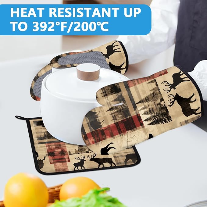 Deer and Bear Oven Mitts and Pot Holders Sets Heat Resistant 4Pcs Wild Animal - Image 5