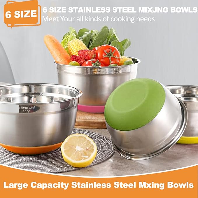 Umite Chef Mixing Bowls with Airtight Lids, 6 Piece Stainless Steel Metal Bowls - Image 3