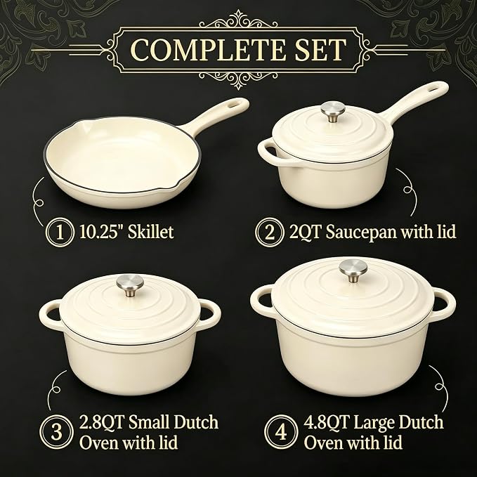 QuliMetal Enameled Cast Iron Cookware Set, 4-Piece Pots and Pans Set - Image 2