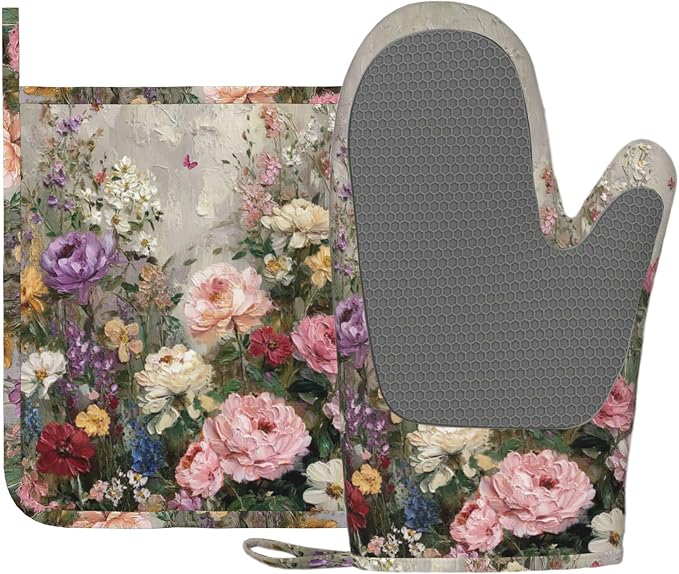 Vintage Wildflower Oven Mitts and Pot Holders Sets Silicone Kitchen Mitts by Unknown