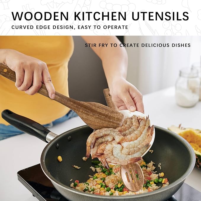 Wooden Spoons for Cooking, 4-Piece Wood Utensil Set Includes Slotted Spoon - Image 5