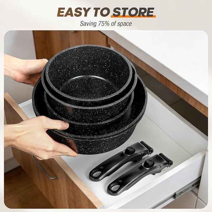 pots and Pans Set, Nonstick Cookware Set Detachable Handle, Induction Kitchen - Image 3