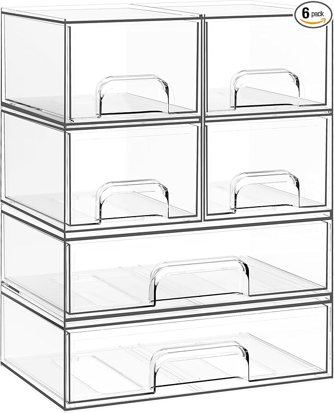 Criusia Stackable Storage Drawers, 6 Pack Clear Plastic Makeup & Bathroom by Criusia