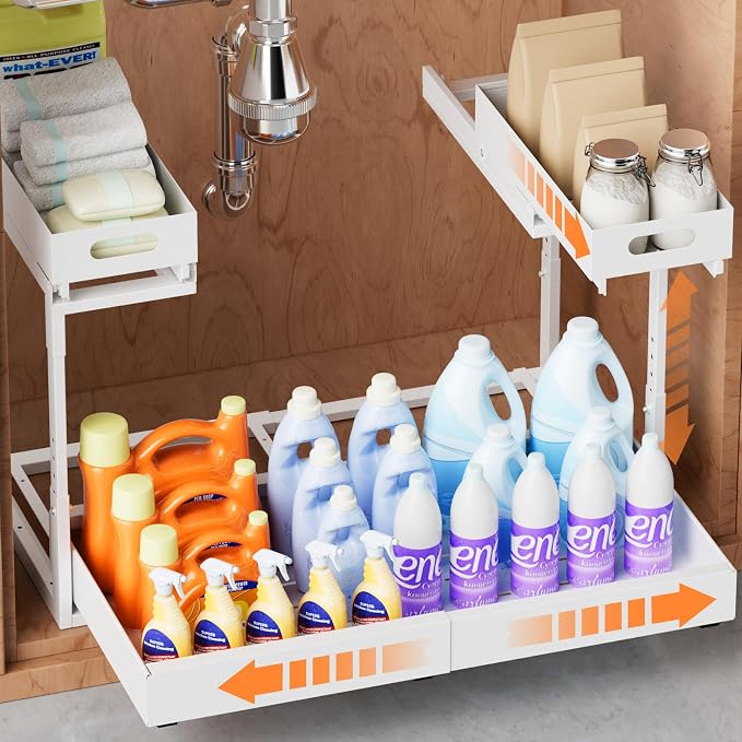 Upgrade 1 Pack Expandable Under Sink Organizers and Storage, 2 Tier Metal Pull by YJHome