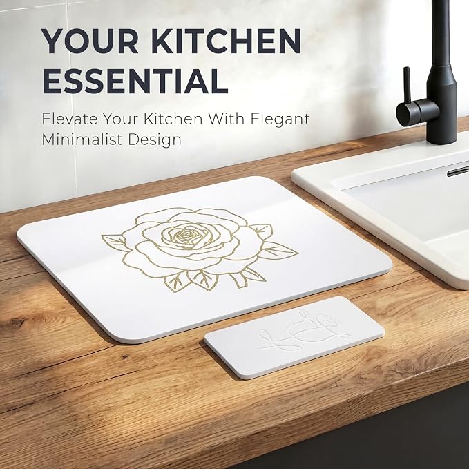 Stone Dish Drying Mat for Kitchen Counter, Glittery Resin Rose Pattern Quick - Image 9