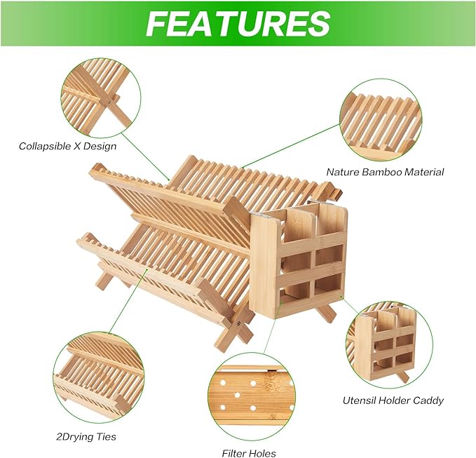 NOVAYEAH Bamboo Dish Drying Rack-2 Tier, Collapsible Small Dish Rack - Image 4