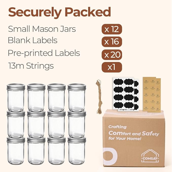 ComSaf Small Mason Jars 8 oz 12Pcs Bulk Set, Half Pint Regular Mouth Mason Jar - Image 8