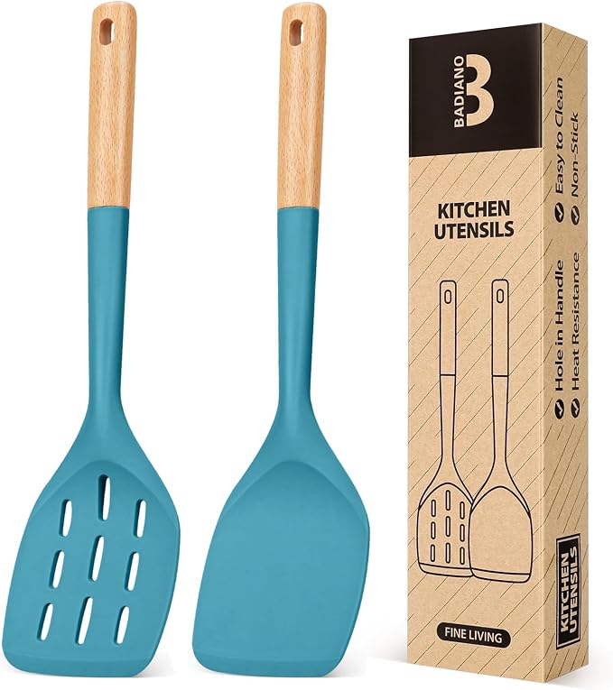 Pack of 2 Silicone Spatula, Non Stick Cooking Utensil Set Wooden Handle Kitchen by BADIANO