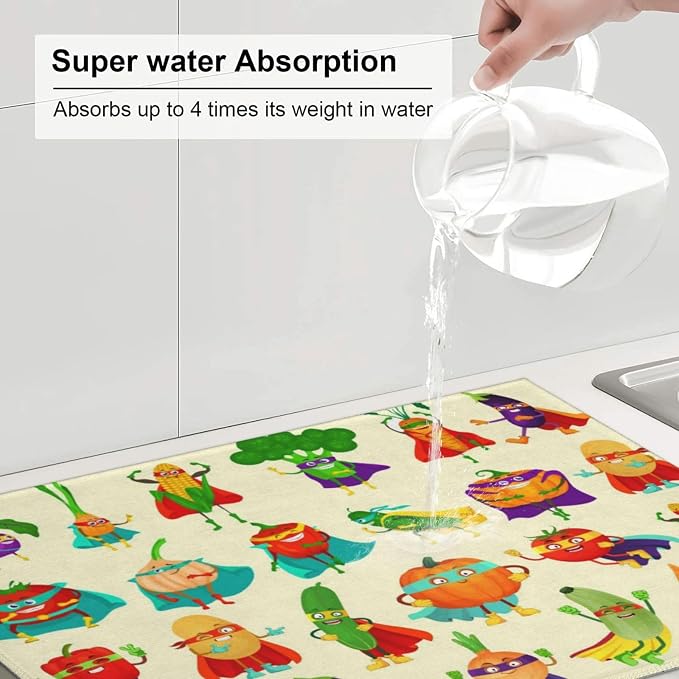 Colorful Cartoon Vegetable Dish Drying Mats, 18 x 24 inch Absorbent Microfiber - Image 4