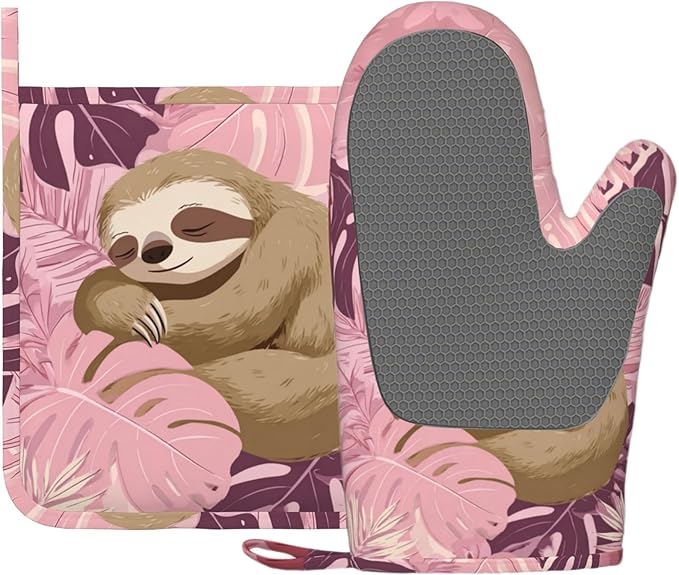 Pink Sloth Heat-Resistant Oven Mitts and Pot Holder Cute Animal Kitchen by Unknown