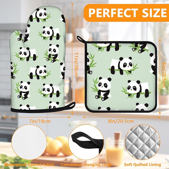 Cute Panda Oven Mitts and Pot Holders Sets 4Pcs, Extra Long Oven Gloves - Image 2