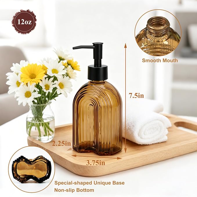 Black Pump Glass Soap Dispenser, 12oz Brown Stripe Countertop Refillable Liquid - Image 2