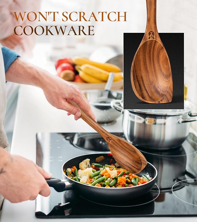 Wooden Spoons for Cooking, Natural Premium Teak Wood Corner Spoon, Good Grip - Image 3