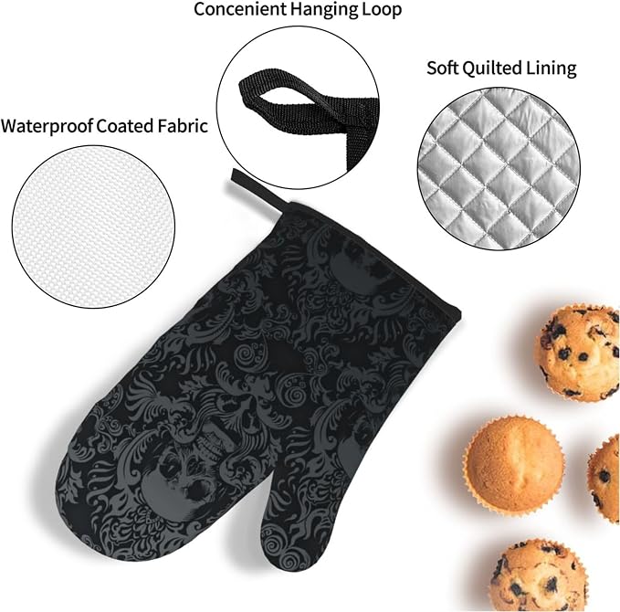 Victorian Gothic Black Skull Damask Oven Mitts and Pot Holders Sets of 4 - Image 4